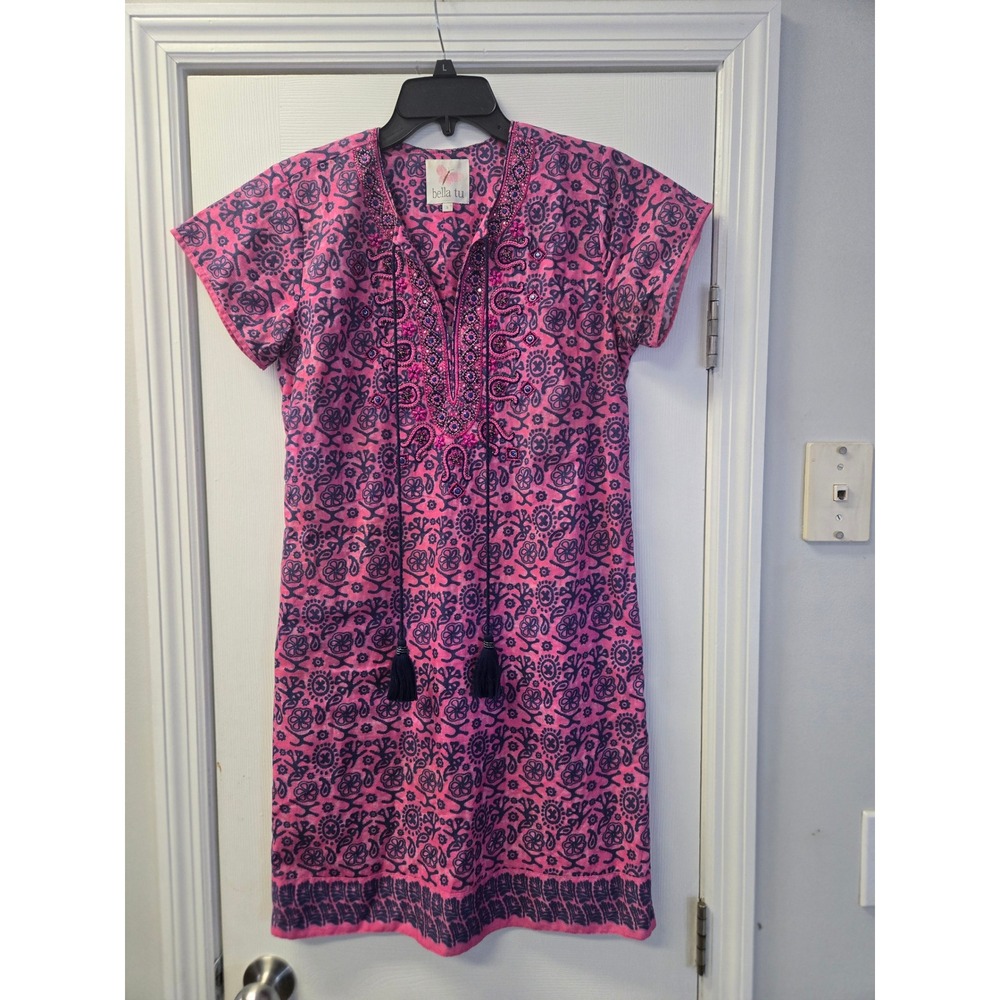 Bella Tu Pink Navy Block Print Beaded Tunic Dress Small Boho Tassel Cotton